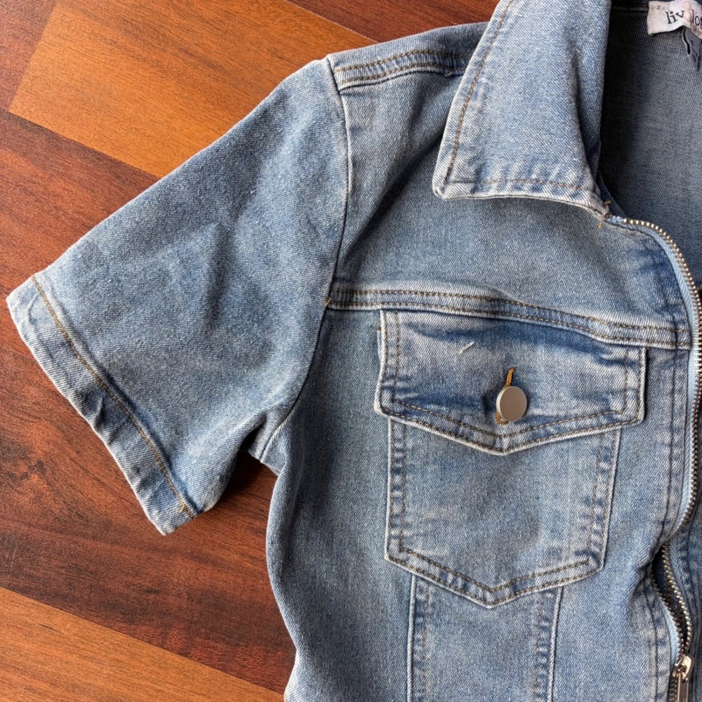 Liv Lotte Women Light Wash Denim Zip Up Short Sleeve Mini Dress Small Utility - Picture 3 of 4